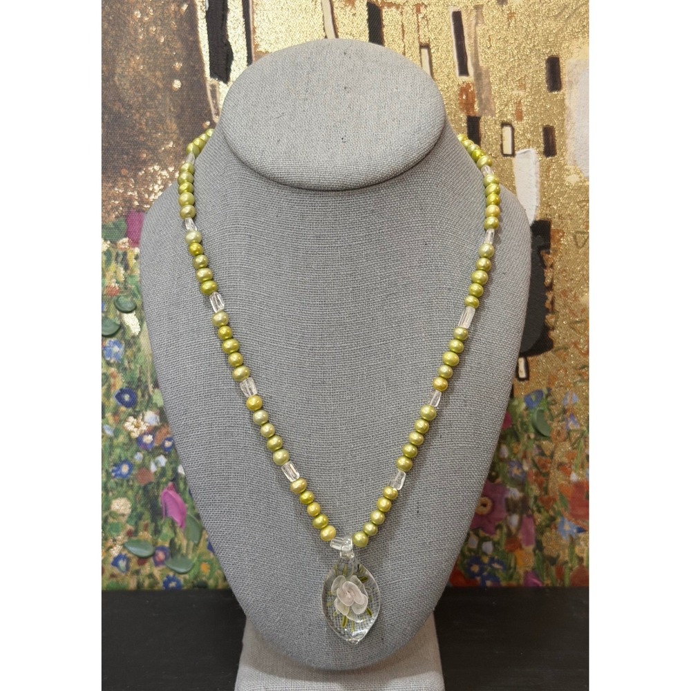 Glass Floral Rose Pendant Green Beaded Necklace Sterling Silver Box Clasp